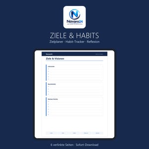 Può includere: Una pagina di pianificatore digitale intitolata Ziele & Visionen con sezioni per Jahresziele, Quartalsziele e Nächste Schritte. Il logo Novaro24 è in alto. Il layout include caselle di controllo e righe per tracciare obiettivi su uno sfondo blu scuro.