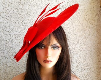 red fascinator big large dress formal fancy tea Kentucky derby ascot