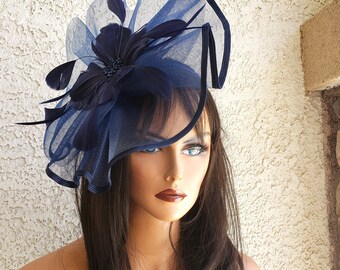 Navy Blue Church Hat: Rhinestone Bow, Wedding Guest 