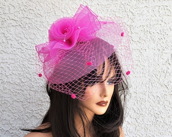 Fuchsia Crinoline Fascinator with Netting and Pearls