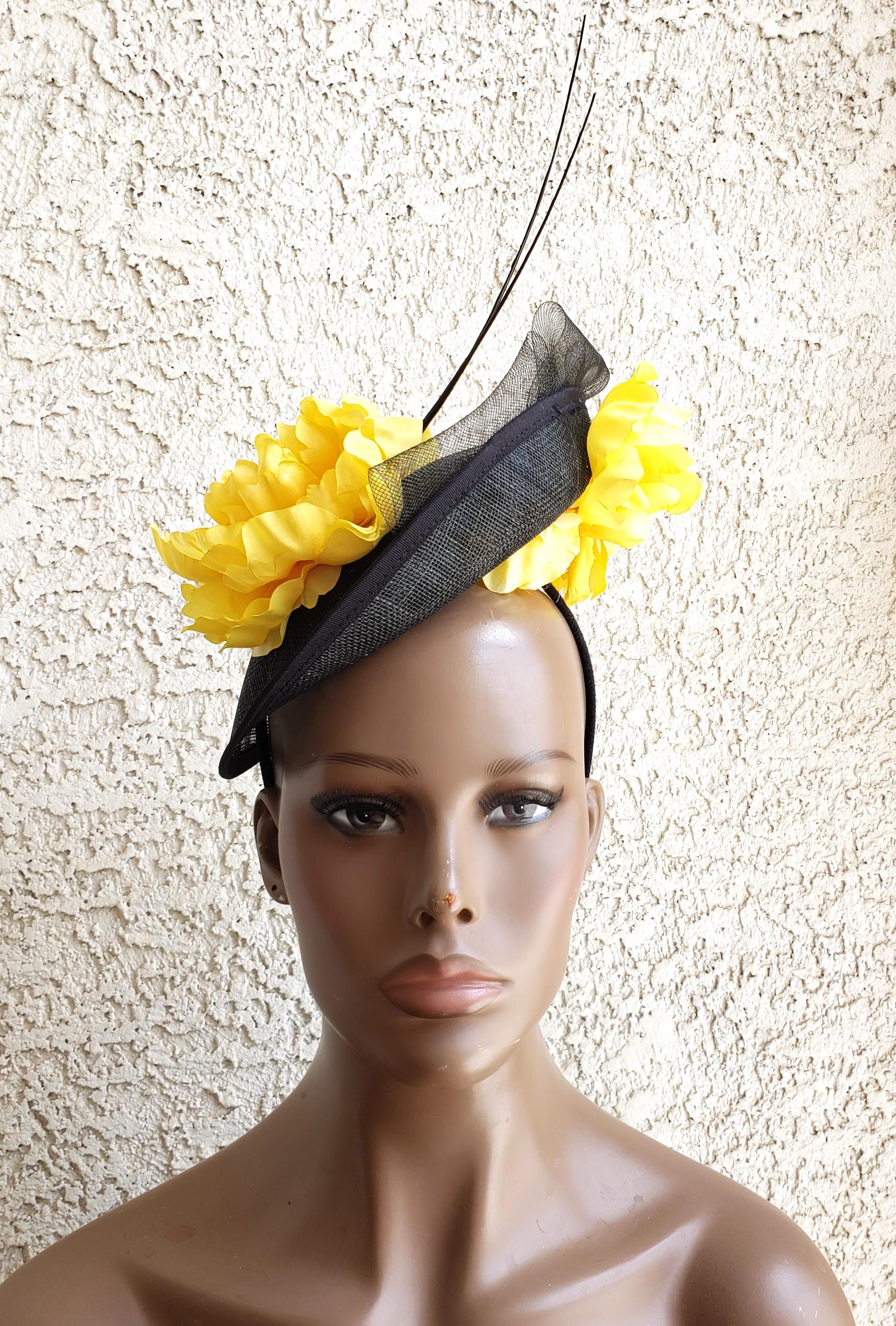 Yellow and Black Floral Fascinator Yellow Rose Wattle Black Floral Fascinator Hat Wedding  main image 2