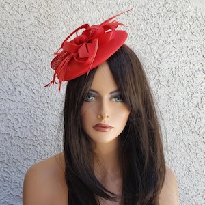 red fascinator Kentucky derby dress formal fancy tea