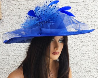 Vintage Iridescent Sequin Floral Derby Hat Wide Brim Blue Statement Fasinator Kentucky Derby Hat Fascinator Iridescent Blue Rhinestone  main image 2