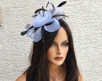 Black and White Crinoline Fascinator with Dotted Netting and Pearls