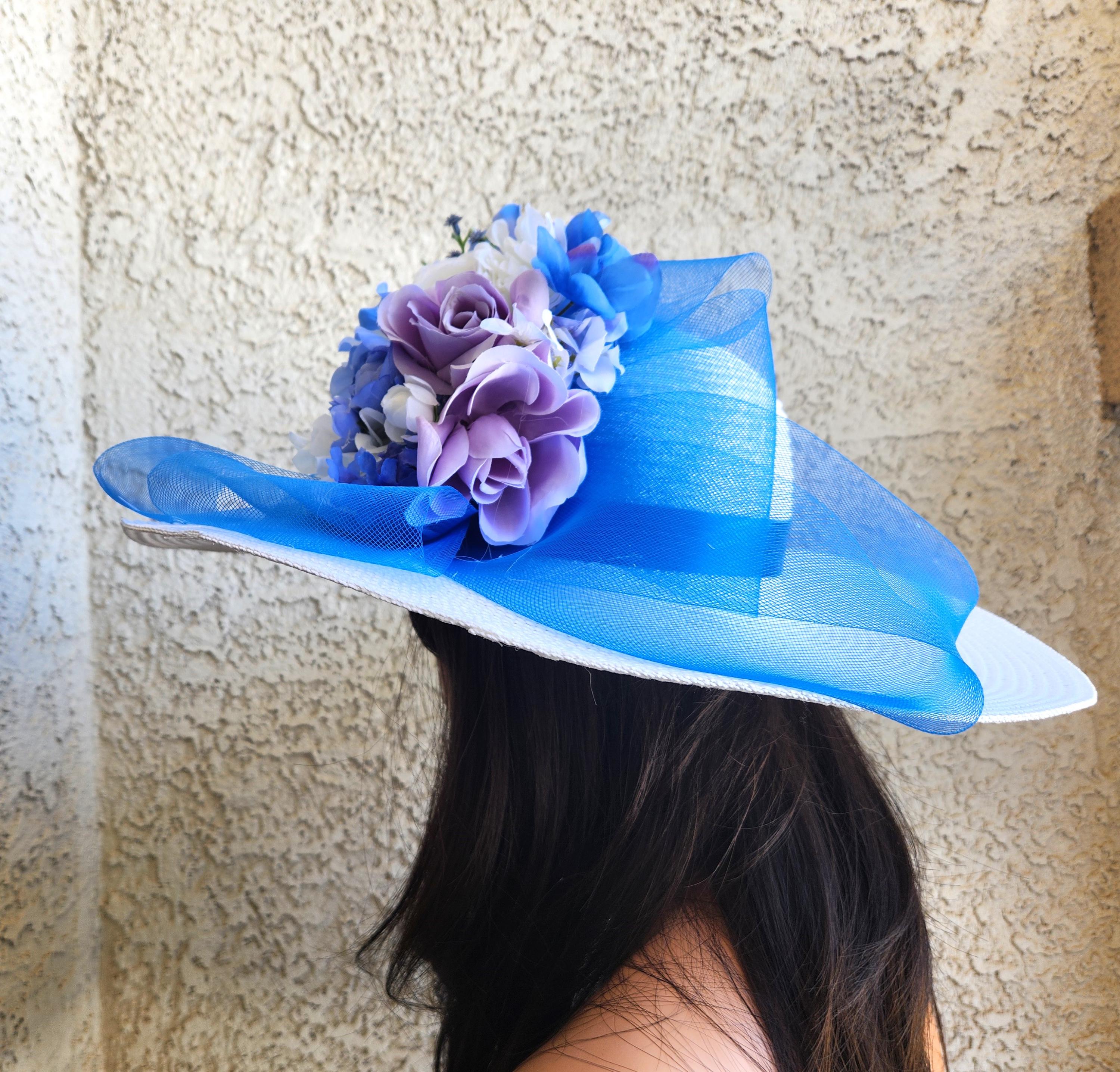 Kentucky Derby Royal Blue Floral + Feather Statement Fascinator Beaded Headband kentucky derby hat fascinator royal blue woven base with  main image 2
