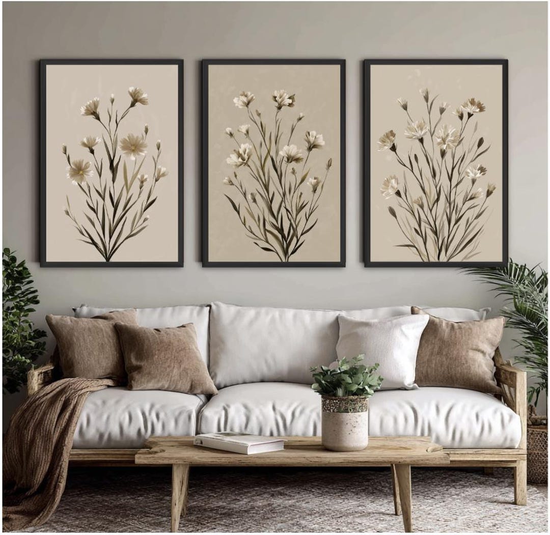Neutral Wildflower Print Set | Beige Botanical Wall Art (digital ...