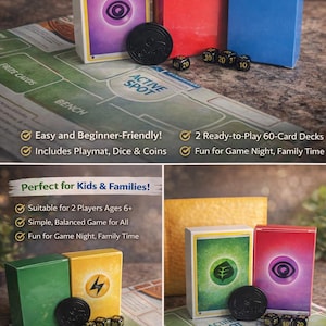 May include: A Pokémon TCG game set with card decks, dice, and a playmat. The image shows red, blue, and white card boxes, a black coin, and dice. Text on the playmat reads "ACTIVE SPOT" and "BENCH". The set is designed for kids and families.