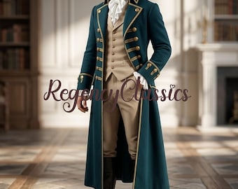 Tealblauwe wollen geklede jas Regency Colonial Gentleman: Georgisch kostuum, trenchcoat steampunk