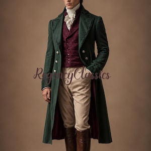 May include: A dark green long coat with silver buttons, a deep burgundy patterned waistcoat, a white cravat, and beige trousers. The outfit includes brown leather boots. The text RegencyClassics is overlaid across the centre of the image.
