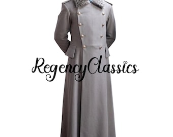 Men's Grey Wool Military Greatcoat: Victorian Steampunk Overcoat, Double Breasted Long Coat, Historical Fashion