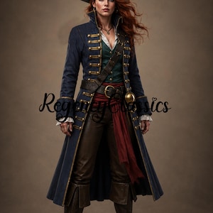 May include: A long navy blue coat with gold buttons and trim, worn over a dark green vest and white shirt. The outfit includes brown leather trousers, a dark brown belt with a gold buckle, and a red sash. The text Regency Classics is visible.