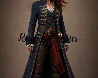Casaco de Capitã Pirata Feminino | Casaco Renascentista de Lã Azul Marinho, Traje de Bucaneira Caribenha, Jaqueta de Lobo do Mar