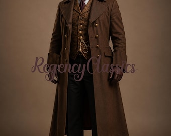 Victoriaanse steampunk donkerbruine wollen geklede jas: edwardiaanse herenjas, regenjas gotische rok