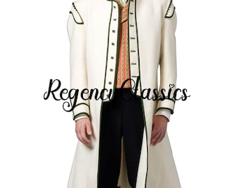 Gebroken witte wollen militaire trouwjurk: Victoriaans regentschap officiersjas, historisch kostuum 1845-1855