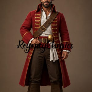 May include: A long red coat with gold buttons and trim, worn over a white button-down shirt and dark brown trousers. A brown leather belt with a gold buckle and a matching shoulder strap are worn over the coat. The text Regency Classics is visible.