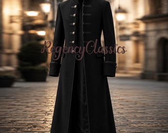 Men's Black Wool Victorian Frock Coat – Gothic Military Long Coat, Regency Steampunk Greatcoat