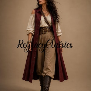Puede incluir: Un abrigo largo sin mangas de color burdeos con botones, sobre una blusa beige de hombros descubiertos y pantalones de color tostado. Un cinturón ancho de cuero marrón con una hebilla grande se lleva en la cintura. Texto "RegencyClassics".