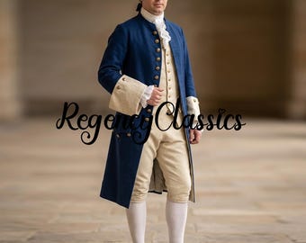 18e-eeuwse marineblauwe wollen geklede jas: koloniale herenjas, uniform Britse Royal Captain