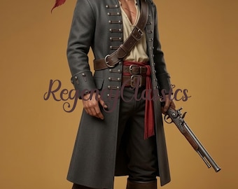 Piratengeklede Captain Hook-jas: donkergrijs wollen boekanierkostuum, Caribisch jack Sparrow-jack
