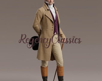 Geklede Jane Austen-jas herenkleding: lichtbruine wollen re-enactmentjas, steampunkkostuum
