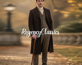 Victoriaanse bruine wollen regenjas: japon jas van Edwardian Jane Austen, re-enactmentjas, steampunkkostuum