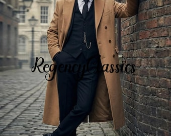 Thomas Shelby kameelkleurige double-breasted wollen jas, steampunk trenchcoat, herenkostuum
