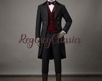 18e-eeuwse Victoriaanse geklede jas: zwarte wollen steampunk herenkostuum, gotische trenchcoat