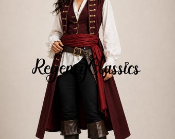 Ladies Maroon Wool Pirate Captain Waistcoat, Hook Caribbean Buccaneer Costume, Jack Sparrow Cosplay Waistcoat