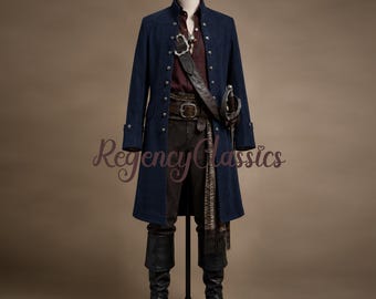 Traje medieval masculino de bucaneiro, casaco caribenho com gancho, casaco de lã azul-marinho de capitão pirata