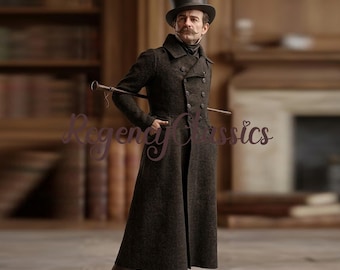 18e-eeuwse Victoriaanse gentleman-overjas: zwarte wollen koloniale geklede jas, steampunk trenchcoat