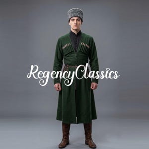 May include: A dark green long coat featuring a row of decorative cartridge loops on the chest, worn over a black shirt with a brown leather belt. The outfit includes a grey textured fur hat and brown leather boots, with RegencyClassics text.