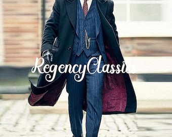Op Thomas Shelby geïnspireerde zwarte wollen overjas: steampunk herenkostuum, gotische trenchcoat