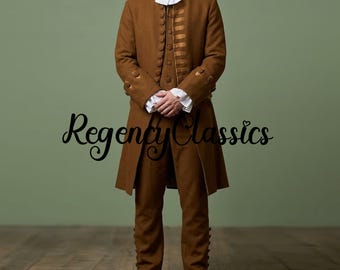 18e-eeuwse koloniale geklede jas: bruine wollen Georgische herenjas, steampunk-historische re-enactmentjas