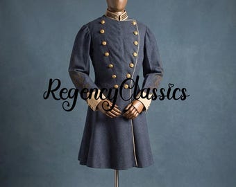 Victoriaanse militaire geklede jas: grijze wollen officiersuniform, jas burgeroorlog steampunk-historische jas