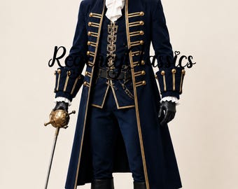 Casaco de Capitão Pirata, Fantasia do Capitão Jack Sparrow para o Caribe, Lã Azul Marinho para Reencenação e Cosplay