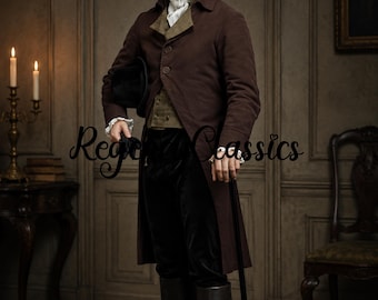 18th Century Regency Frock Coat: Colonial Gentleman Jacket, Georgian Costume, Steampunk Brown Wool Overcoat