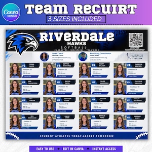 Könnte beinhalten: Ein Rekrutierungs-Flyer für das Riverdale Hawks Softball-Team mit einem blauen Falken-Logo, dem Teamnamen und einem Raster aus sechzehn Spielerprofilen mit Namen, Trikotnummern, Positionen, Notendurchschnitten und einem QR-Code für Profile.