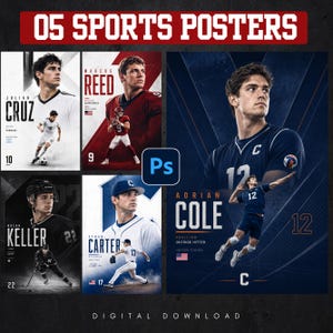 Peut inclure: Une collection de cinq affiches sportives présentant des athlètes dans diverses disciplines, notamment le football, le football américain, le hockey, le baseball et le volley-ball. Chaque affiche affiche le nom, le poste et le numéro de l'athlète.