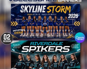Puede incluir: Dos plantillas de pancartas para equipos de voleibol con grupos de jugadores en uniforme en una cancha. El diseño superior muestra 'SKYLINE STORM' en texto amarillo y blanco, mientras que el inferior presenta 'RIVERDALE SPIKERS' en cian.