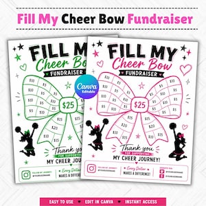 May include: Two printable fundraiser flyers titled Fill My Cheer Bow Fundraiser, featuring a large bow outline divided into sections with dollar amounts from $5 to $25, decorated with stars, hearts, and silhouettes of cheerleaders with pom-poms.