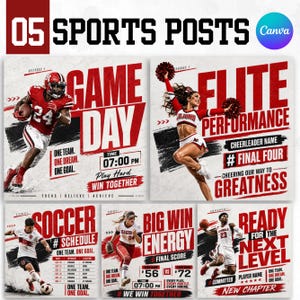 May include: A set of five digital sports social media templates featuring red and white graphic designs. The layouts include action shots of a football player, a cheerleader, a soccer player, a softball player, and a basketball player with text.