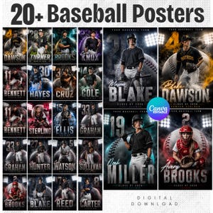 Könnte beinhalten: Eine digitale Sammlung von über 20 Baseball-Postern mit einzelnen Spielern in Uniformen, Namen, Trikotnummern und Teamgrafiken. Die Designs zeigen Stadionbeleuchtung, Baseball-Texturen und den Text 20+ Baseball Posters.