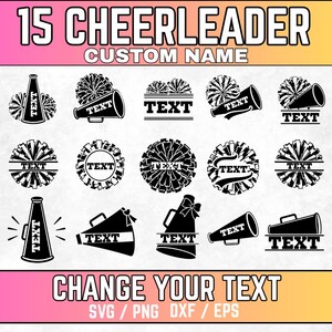 Könnte beinhalten: Eine digitale Sammlung von 15 schwarzen Cheerleader-Grafikdesigns mit Megafonen, Pompons und Platzhaltern für individuellen Text. Der obere Text lautet 15 CHEERLEADER CUSTOM NAME und der untere Text lautet CHANGE YOUR TEXT SVG PNG DXF EPS.