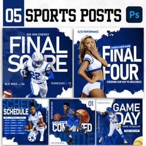 May include: A collection of five sports-themed social media posts with a blue and white color scheme. The posts feature football, cheerleading, soccer, basketball, and softball. Each post includes game scores, schedules, and player information.