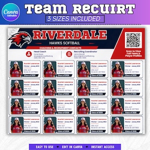 Könnte beinhalten: Eine digitale Rekrutierungsvorlage für das Riverdale Hawks Softball-Team mit einem roten Vogel-Maskottchen-Logo, Kontaktinformationen für das Trainerteam und einem Raster aus sechzehn Spielerprofilfeldern mit Platzhaltern für Fotos und Daten.