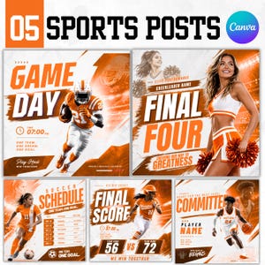 Puede incluir: Una colección de cinco plantillas para redes sociales con temática deportiva en tonos naranja y blanco. Los diseños incluyen textos como GAME DAY, FINAL FOUR, SOCCER SCHEDULE, FINAL SCORE y COMMITTER, junto con imágenes de varios atletas.