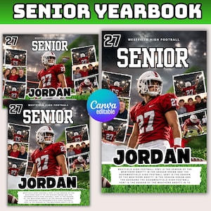 Può includere: Un modello di annuario per il football della Westfield High con il testo SENIOR JORDAN e 27. Il design include diverse foto d'azione di un giocatore di football con una maglia rossa numero 27, oltre a foto di gruppo su un campo verde.