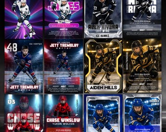 May include: A selection of hockey trading cards, each showcasing a player in action. The cards include player names, team details, positions, and statistics. The designs are colourful, with team colours and player photographs.