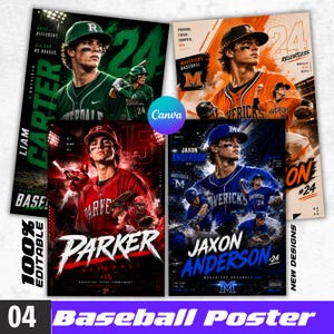 Puede incluir: Cuatro pósteres de béisbol con atletas en uniformes verdes, naranjas, rojos y azules. Cada diseño incluye nombres de jugadores como Liam Carter, Parker y Jaxon Anderson, nombres de equipos, números y textos motivadores como Built Different y Relentless.