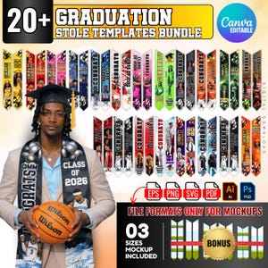 Può includere: Un pacchetto di modelli di stole per la laurea con il testo "20+ GRADUATION STOLE TEMPLATES BUNDLE". L'immagine mostra una varietà di stole colorate con le scritte "CONGRATS" e "CLASS OF 2026". L'immagine include anche icone di formato file e il testo "Canva EDITABLE".